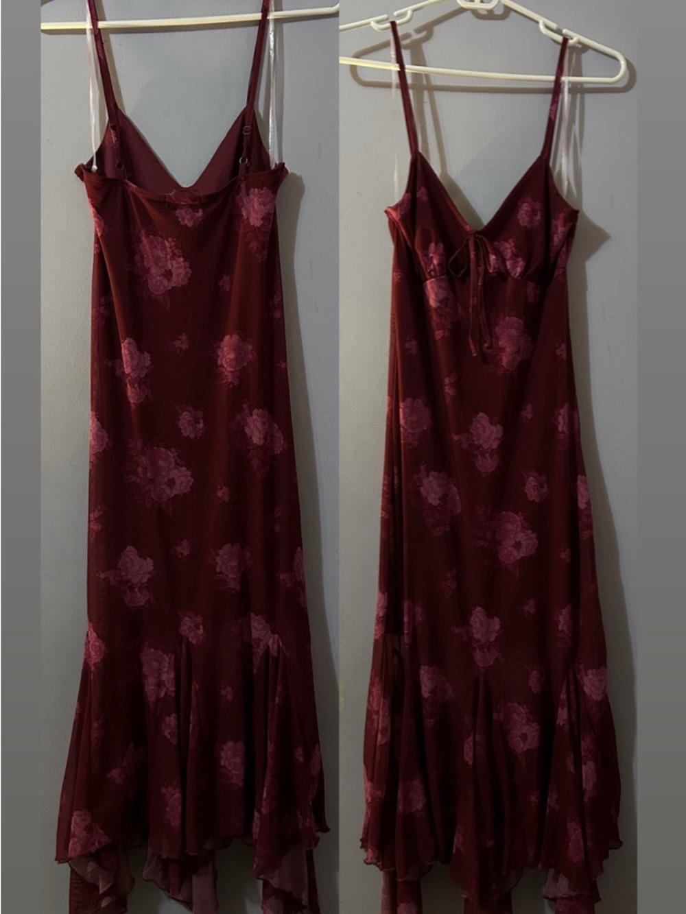 Burgundy Floral Satin Slip Dress with Adjustable Straps